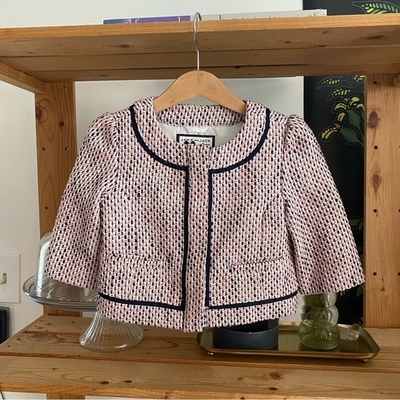 Janie and Jack Pink Navy Blue Cream Tweed Jacket 3t - Picture 2 of 13